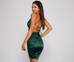 Becca Satin Lace-Up Ruched Mini Dress Oshnow