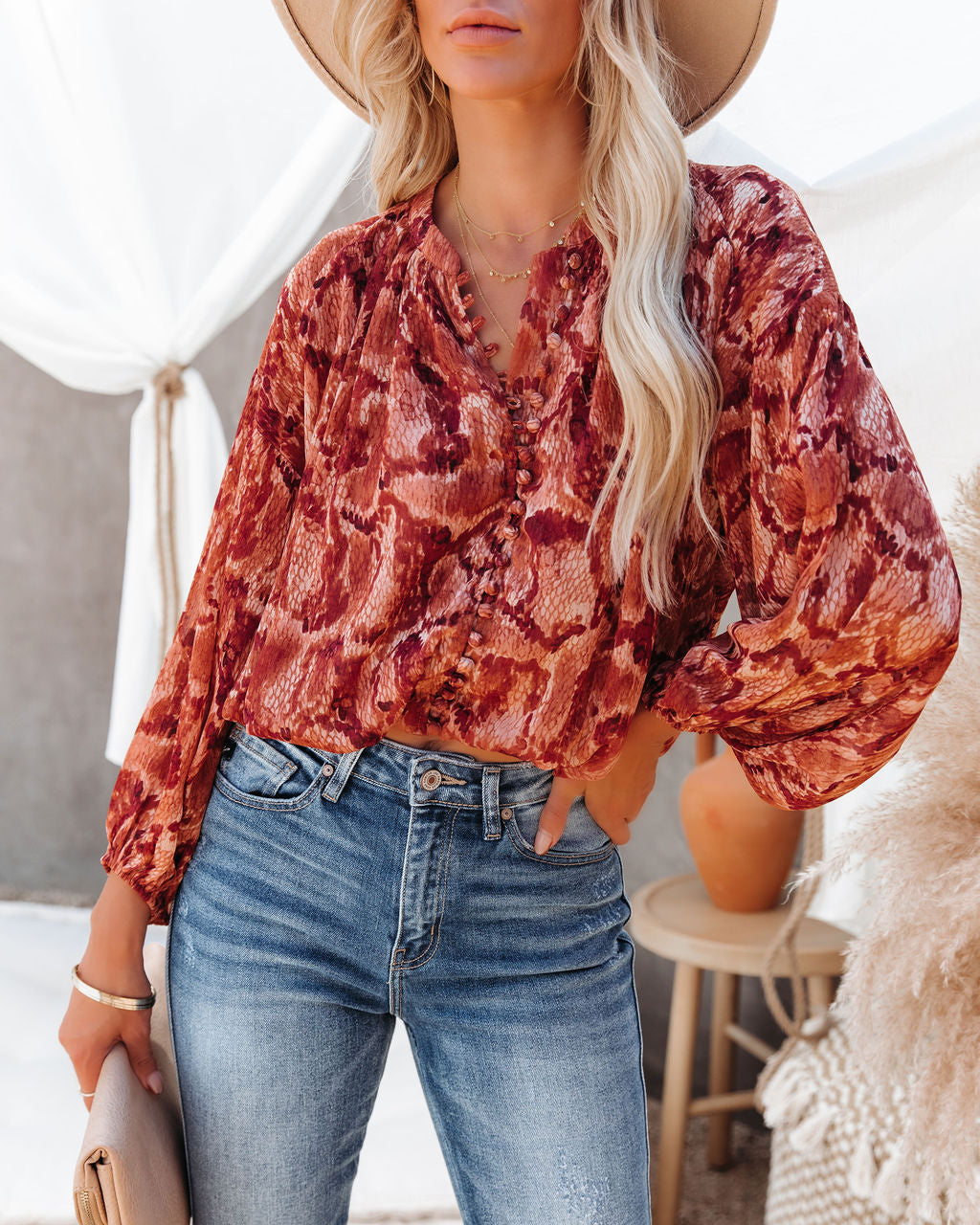 Bernal Printed Button Down Crop Blouse Oshnow