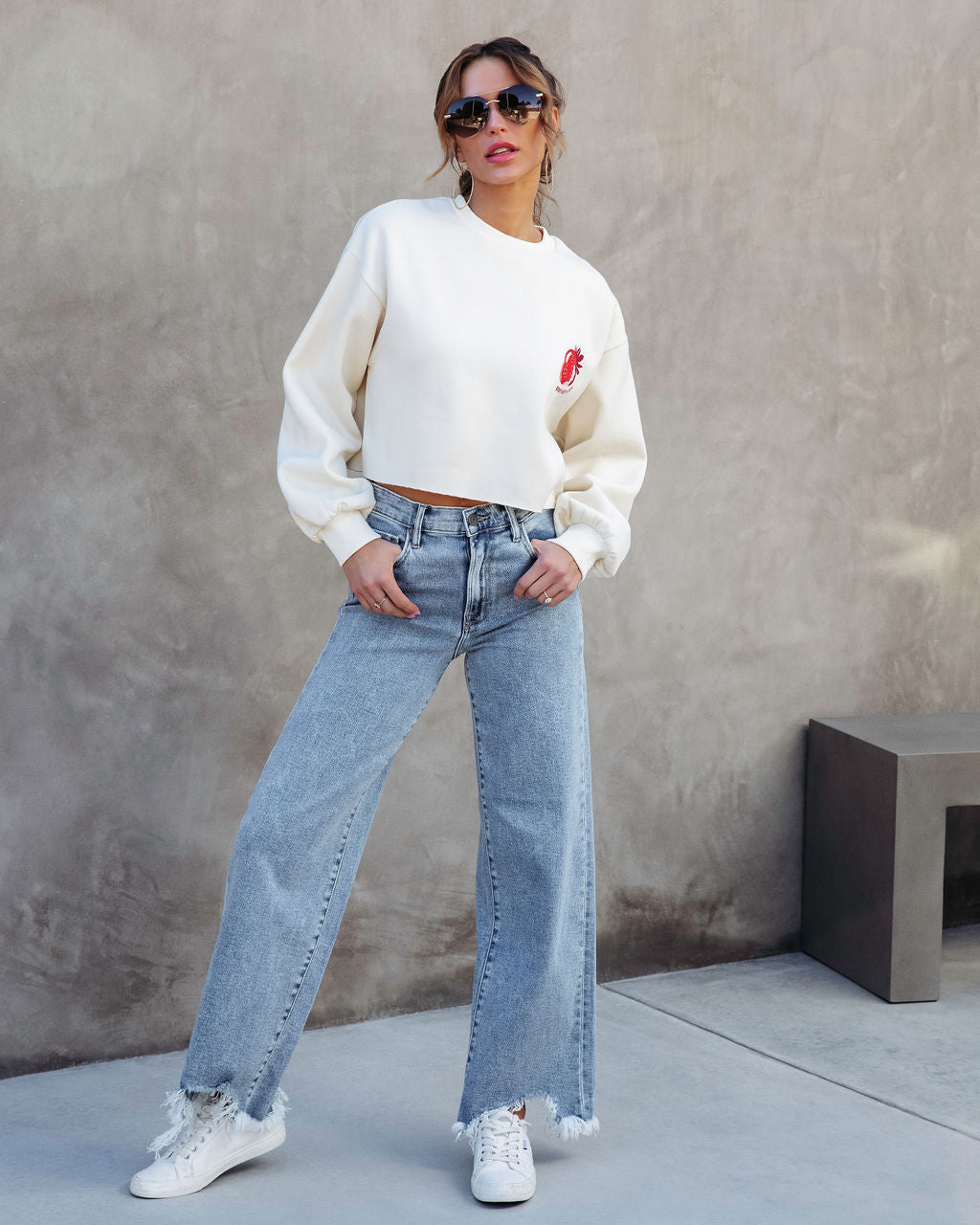 Berry Sweet Life Cropped Sweatshirt - Cream