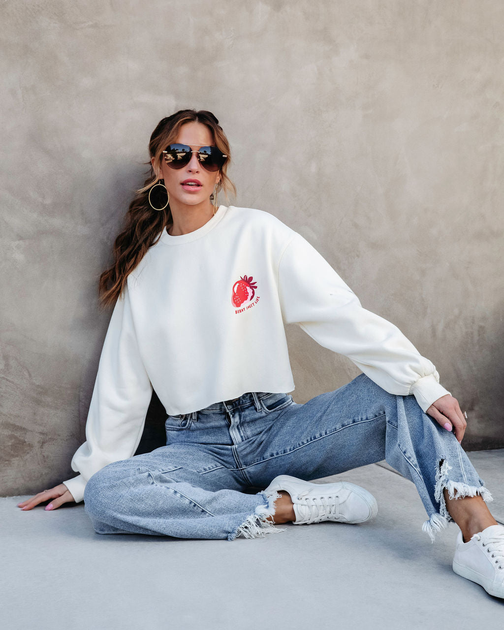 Berry Sweet Life Cropped Sweatshirt - Cream