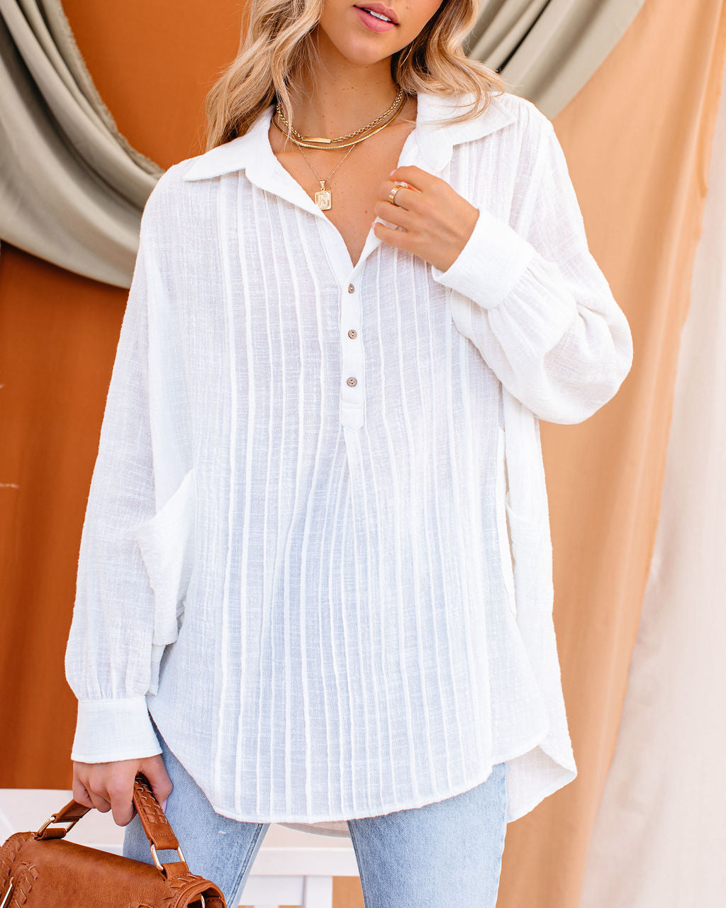 Bessie Cotton Pocketed Pintuck Button Down Top Oshnow