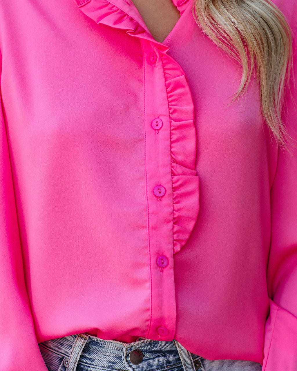 Bessy Button Down Ruffle Blouse - Pink Oshnow