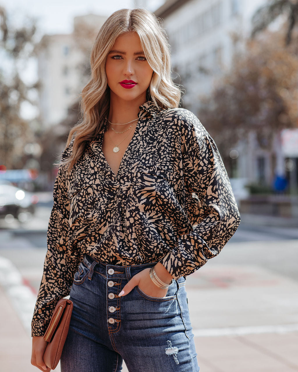 Bexlee Satin Collared Leopard Blouse Oshnow