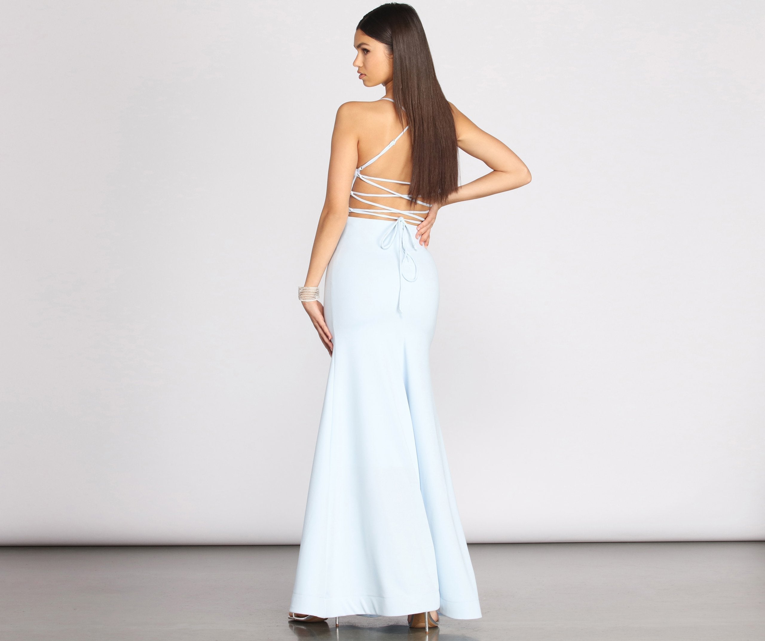 Billie Crepe Lace Up Mermaid Gown Oshnow