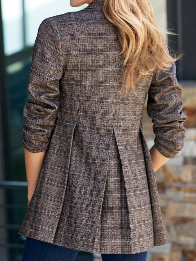 Blazer Lapel Check Print Button Ruffle Hem Blazer Oshnow