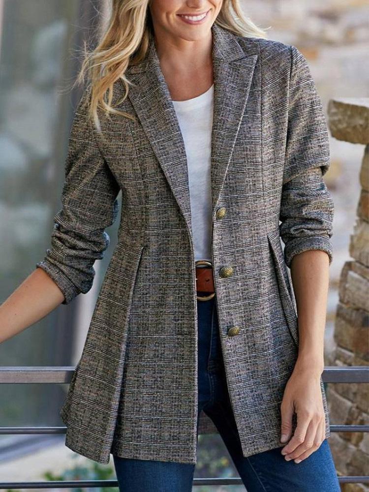 Blazer Lapel Check Print Button Ruffle Hem Blazer Oshnow