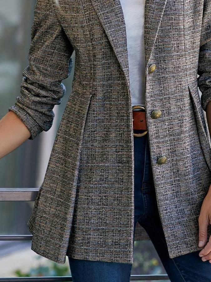 Blazer Lapel Check Print Button Ruffle Hem Blazer Oshnow