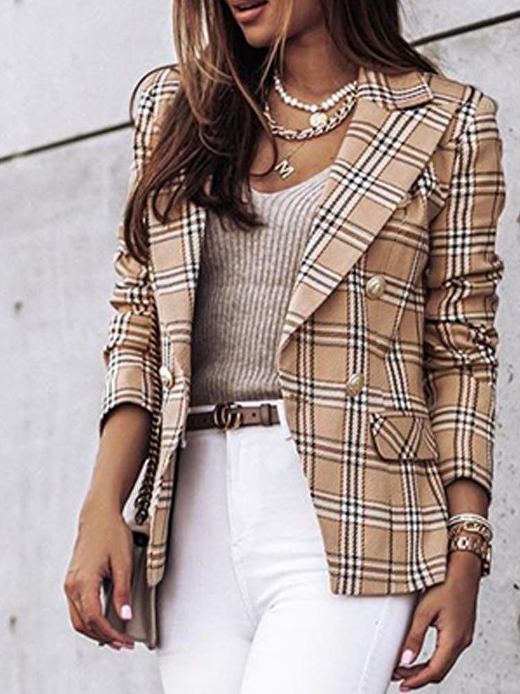 Blazers Double-Breasted Plaid Printed Long Sleeve Blazer Oshnow