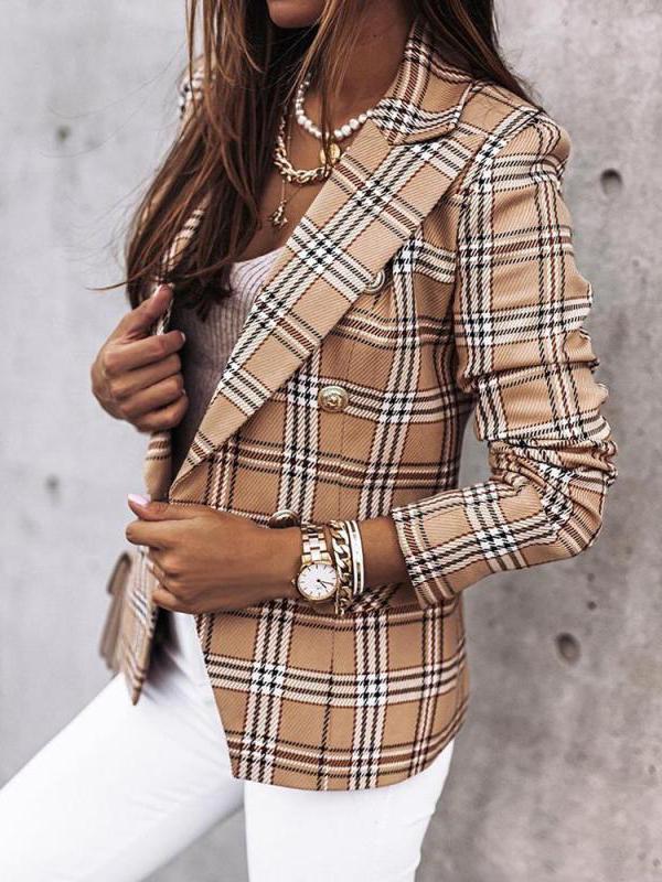 Blazers Double-Breasted Plaid Printed Long Sleeve Blazer Oshnow