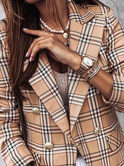 Blazers Double-Breasted Plaid Printed Long Sleeve Blazer Oshnow