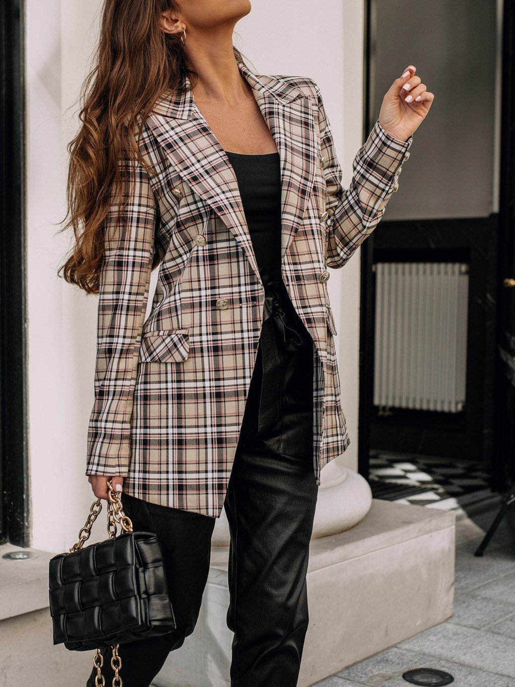 Blazers Fashion Plaid Print Button Long Sleeve Blazer Oshnow