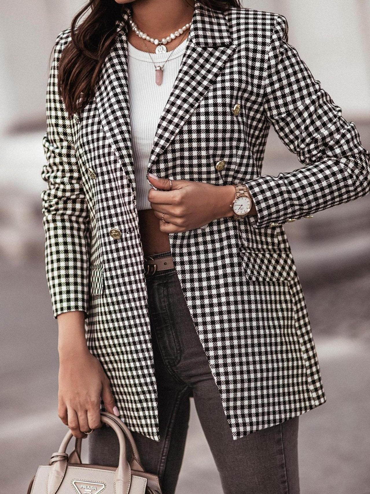 Blazers Fashion Plaid Print Button Long Sleeve Blazer Oshnow