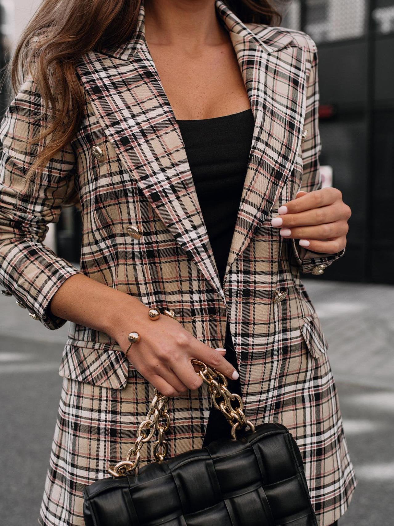 Blazers Fashion Plaid Print Button Long Sleeve Blazer Oshnow