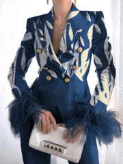 Blazers Fashion Print Button Long Sleeve Feather Blazer Oshnow