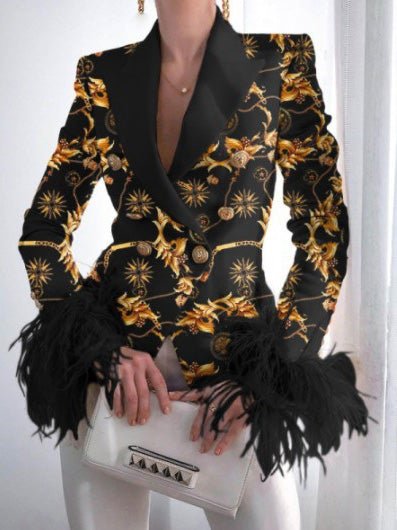 Blazers Fashion Print Button Long Sleeve Feather Blazer Oshnow