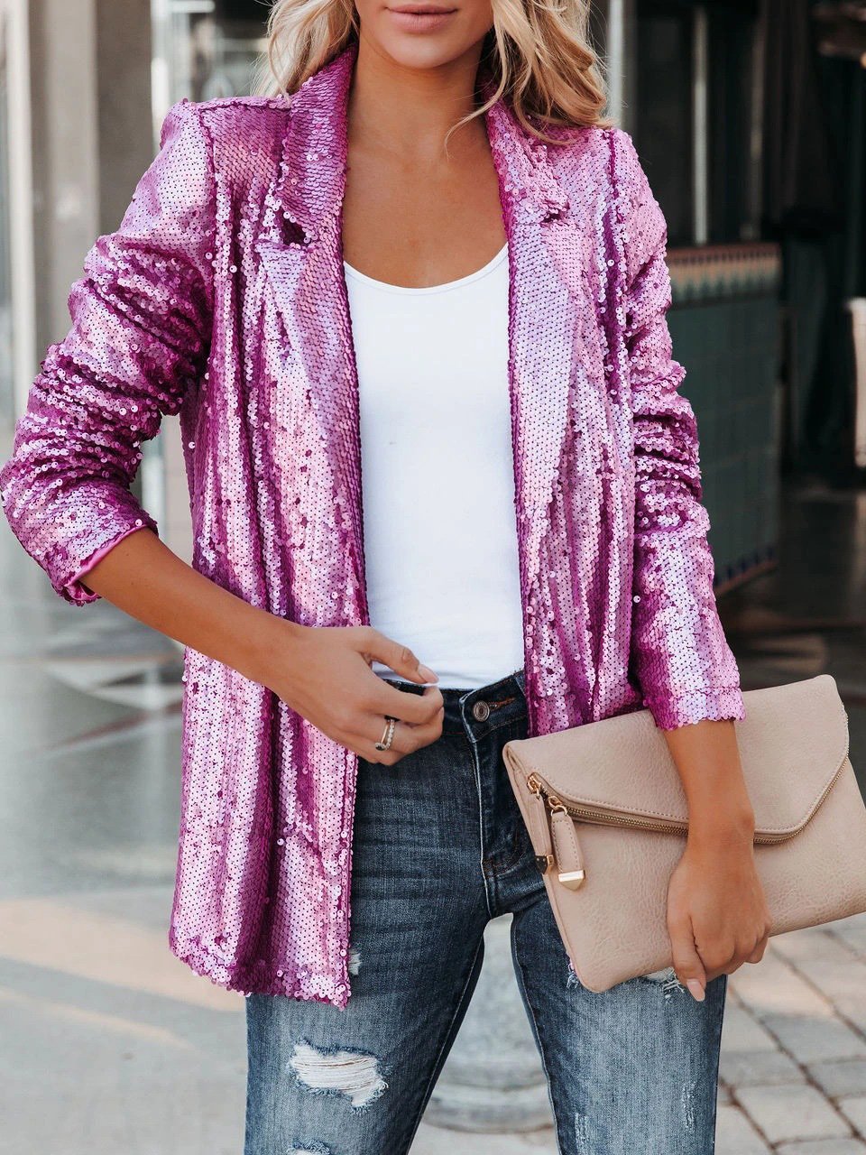 Blazers Fashion Sequin Lapel Long Sleeve Blazer Oshnow