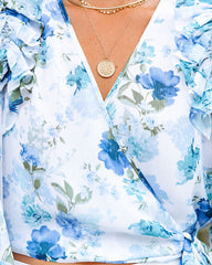 Bleu De France Floral Chiffon Ruffle Wrap Blouse Oshnow