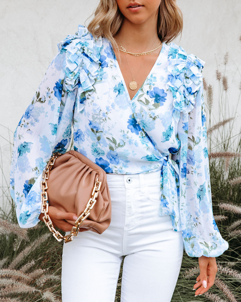 Bleu De France Floral Chiffon Ruffle Wrap Blouse Oshnow