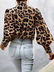 Blouses Leopard Print Bubble Long Sleeve Buttons Blouses Oshnow