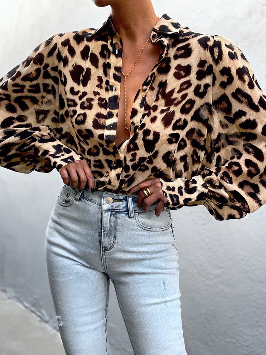 Blouses Leopard Print Bubble Long Sleeve Buttons Blouses Oshnow