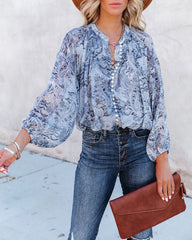 Blue With Bliss Printed Button Down Crop Blouse Oshnow