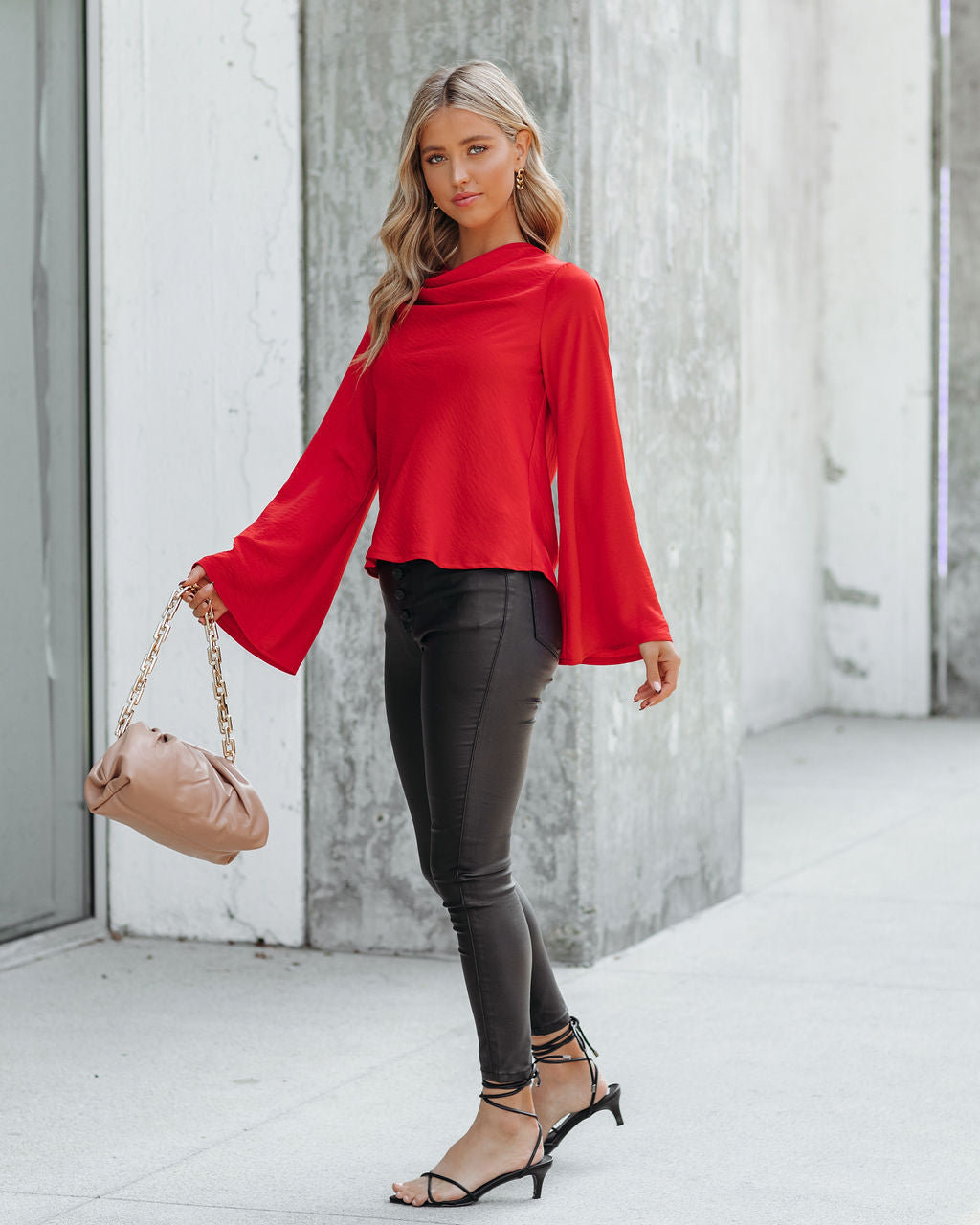 Booked Solid Satin Cowl Neck Blouse - Red Oshnow