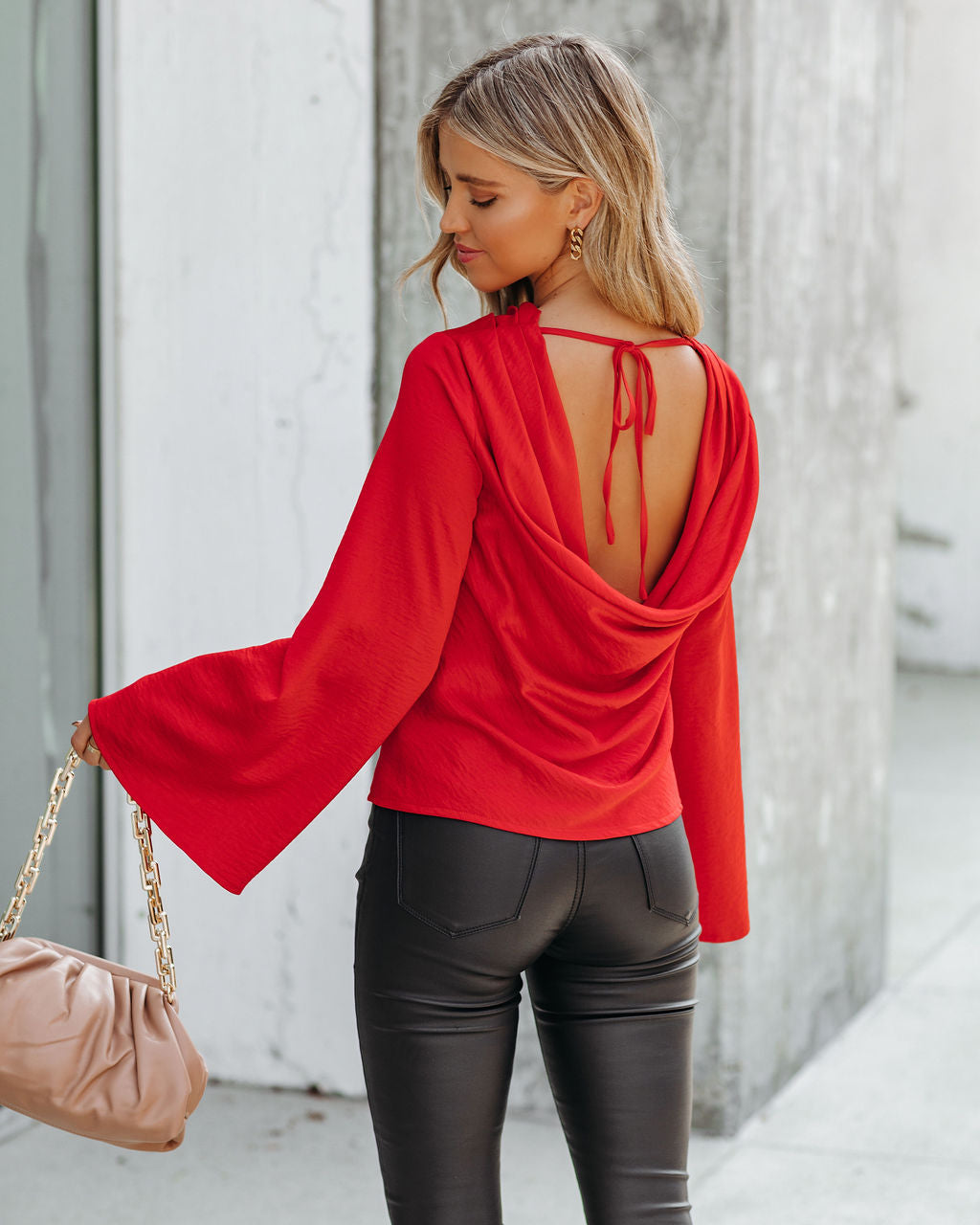 Booked Solid Satin Cowl Neck Blouse - Red Oshnow
