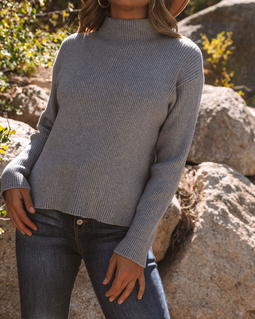 Branford Ribbed Mock Neck Knit Sweater - Heather Grey Oshnow