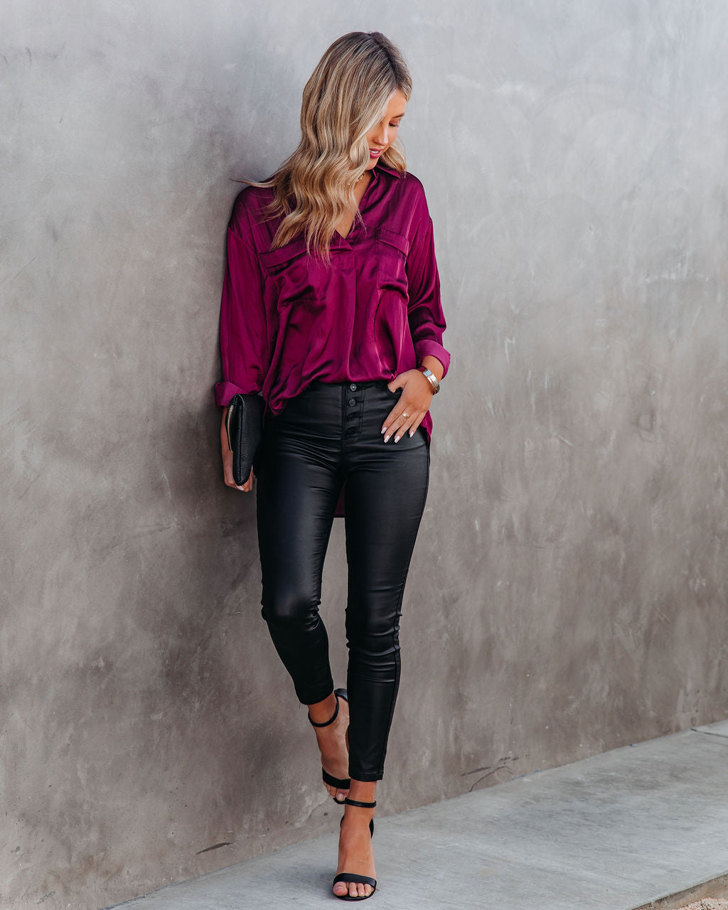 Braya Satin Collared Blouse - Burgundy Oshnow