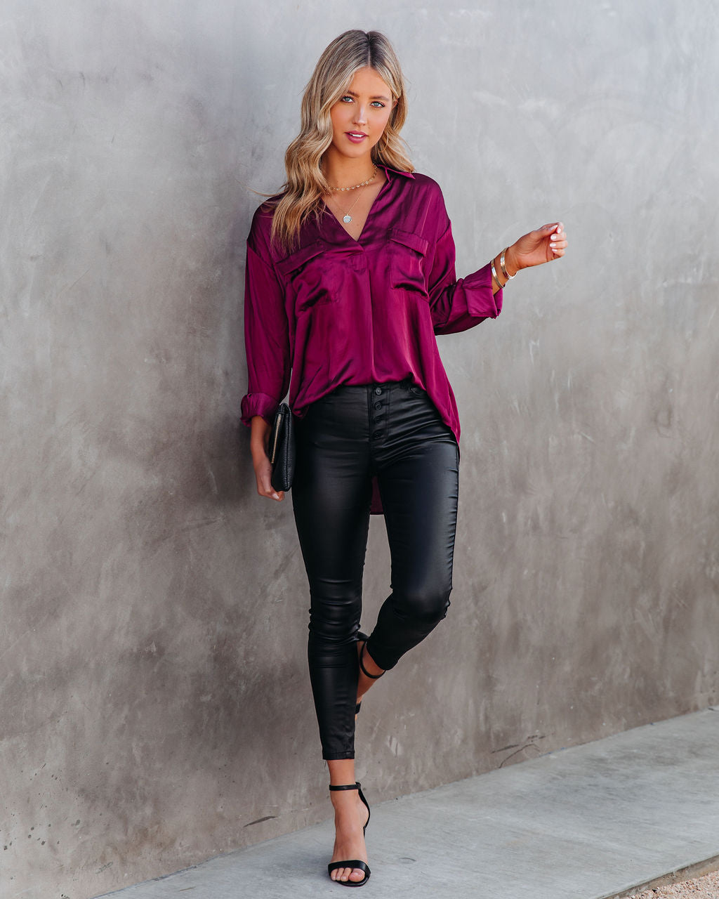 Braya Satin Collared Blouse - Burgundy Oshnow