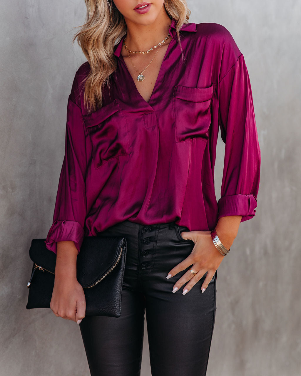 Braya Satin Collared Blouse - Burgundy Oshnow