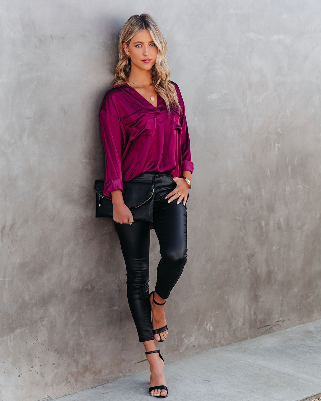 Braya Satin Collared Blouse - Burgundy Oshnow