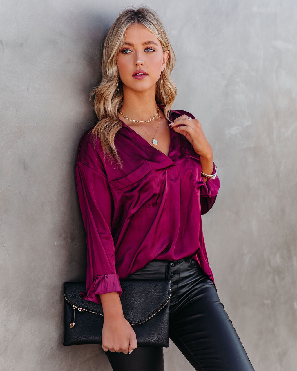 Braya Satin Collared Blouse - Burgundy Oshnow