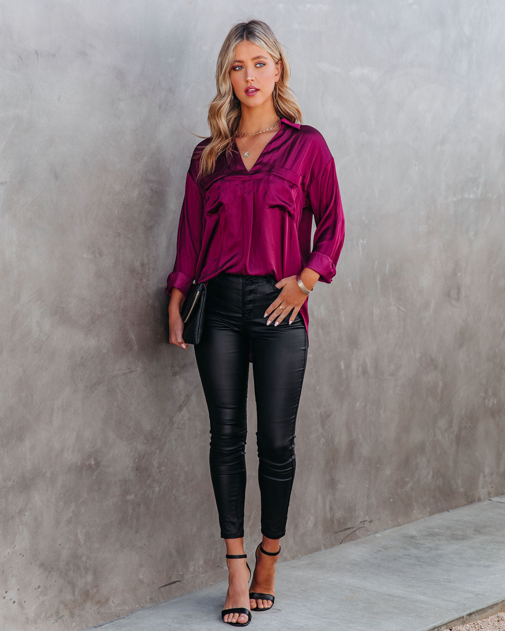 Braya Satin Collared Blouse - Burgundy Oshnow