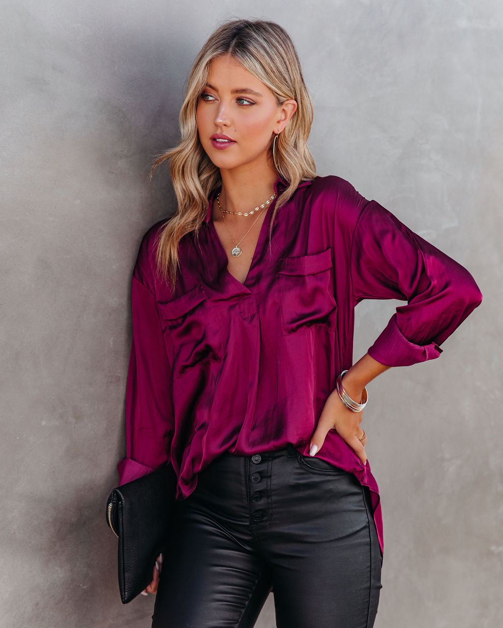 Braya Satin Collared Blouse - Burgundy Oshnow