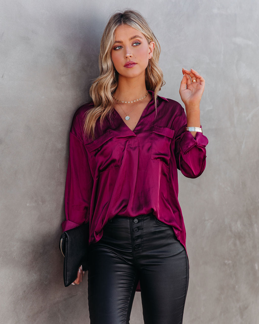 Braya Satin Collared Blouse - Burgundy Oshnow