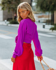 Brenda Satin Tie Front Crop Blouse - Magenta Oshnow