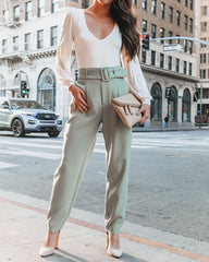 Brenda Belted Pocketed Pants - Sage