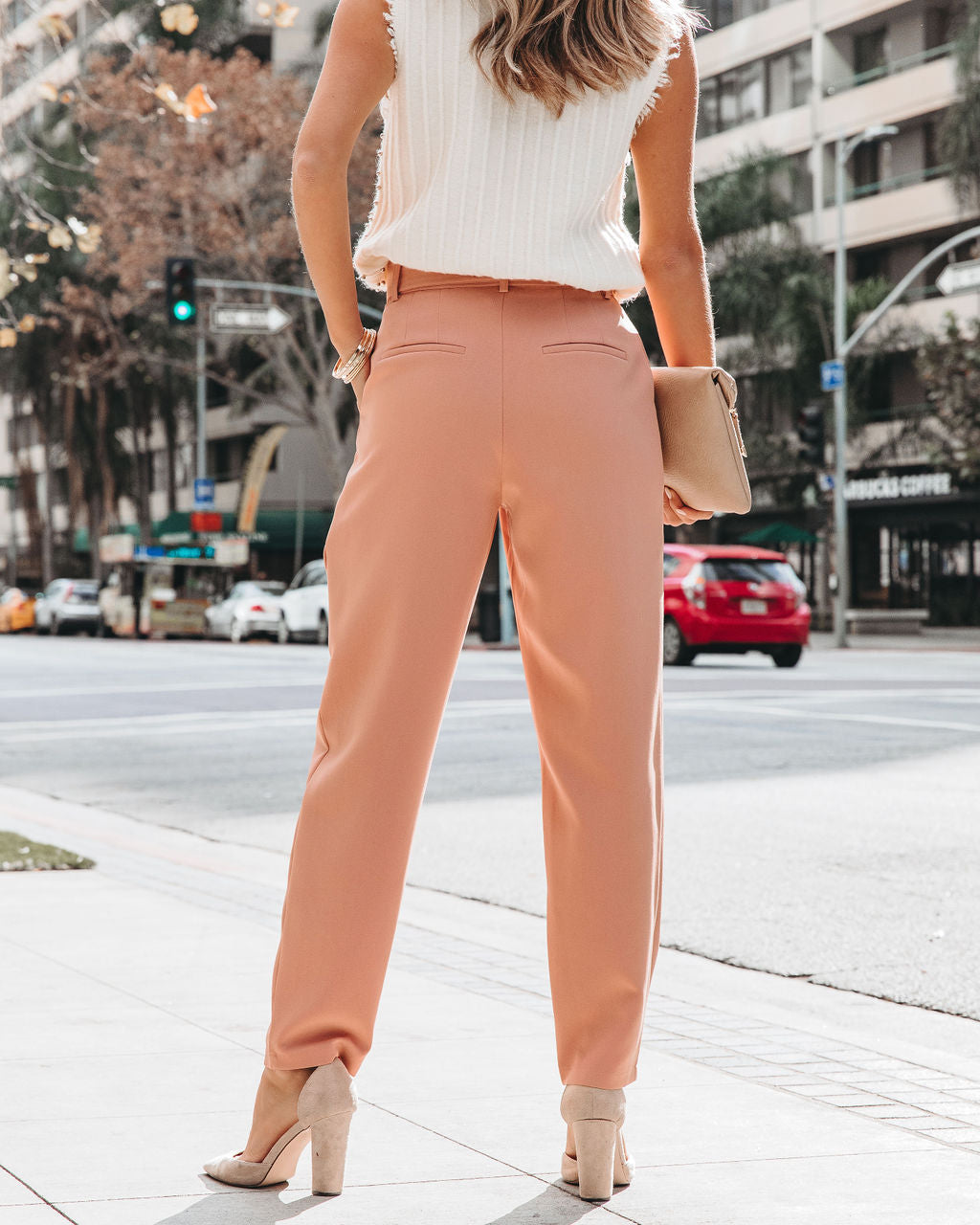 Brenda Belted Pocketed Pants - Apricot