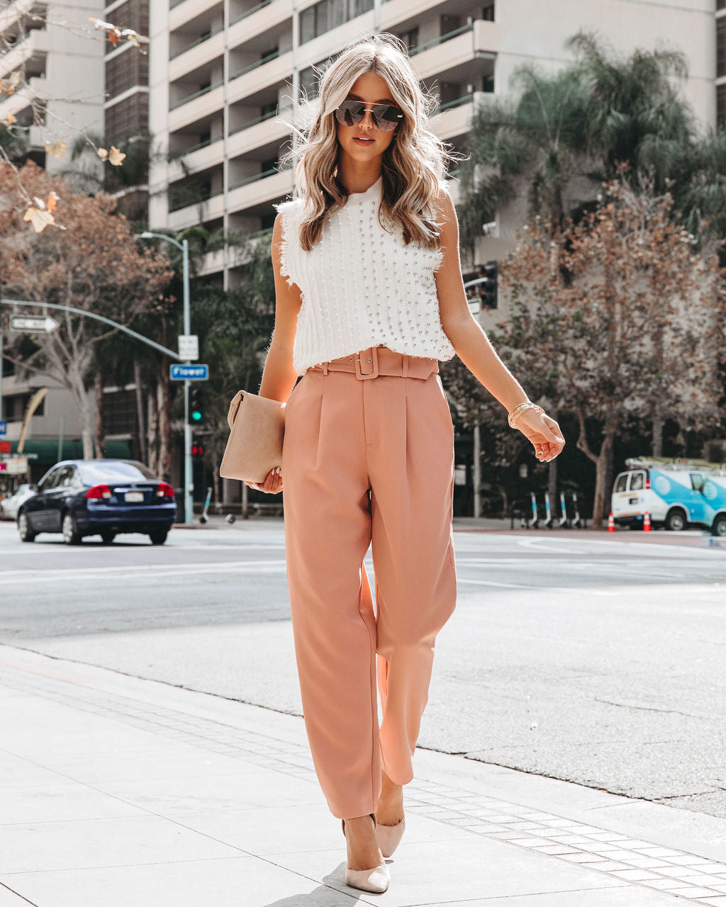 Brenda Belted Pocketed Pants - Apricot