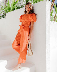 Briella Cotton Pocketed Puff Sleeve Jumpsuit - Orange