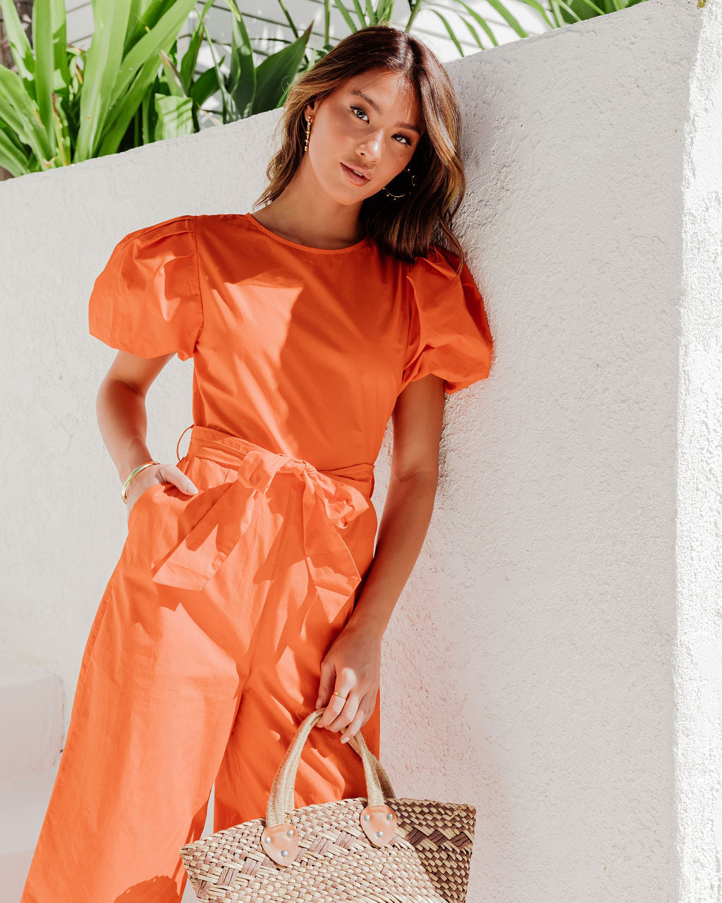 Briella – Jumpsuit aus Baumwolle mit Puffärmeln und Taschen - Orange 