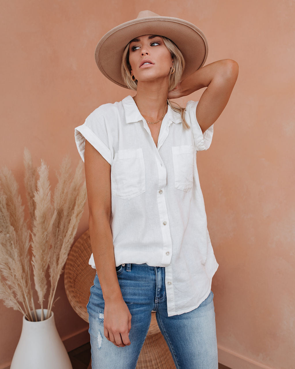 Brielle Linen Blend Button Down Top Oshnow