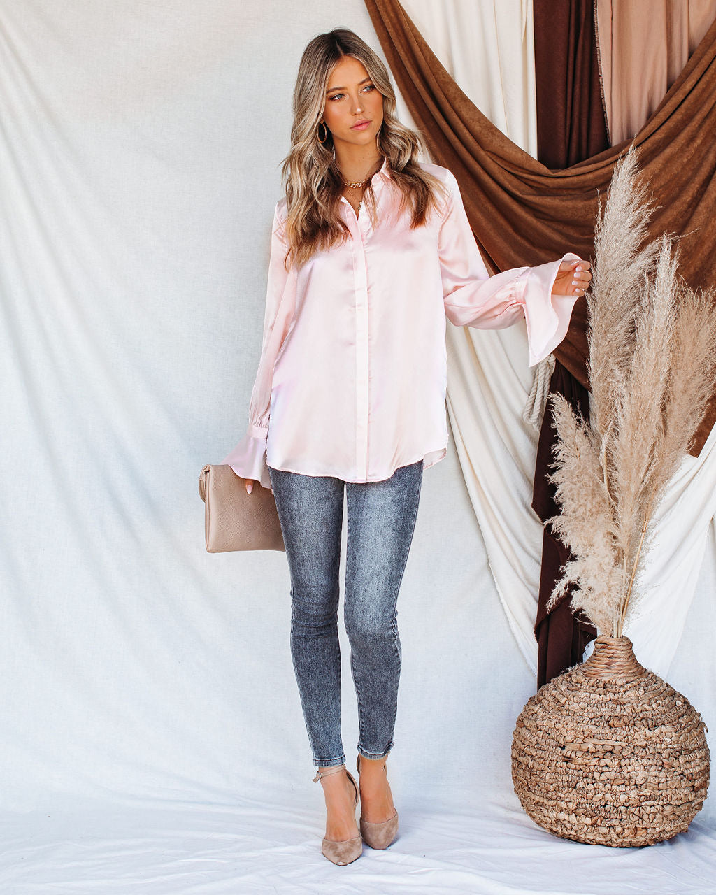 Brielle Satin Button Down Ruffle Blouse Oshnow