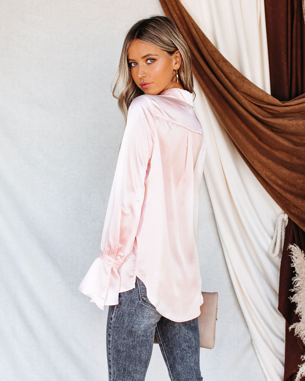 Brielle Satin Button Down Ruffle Blouse Oshnow