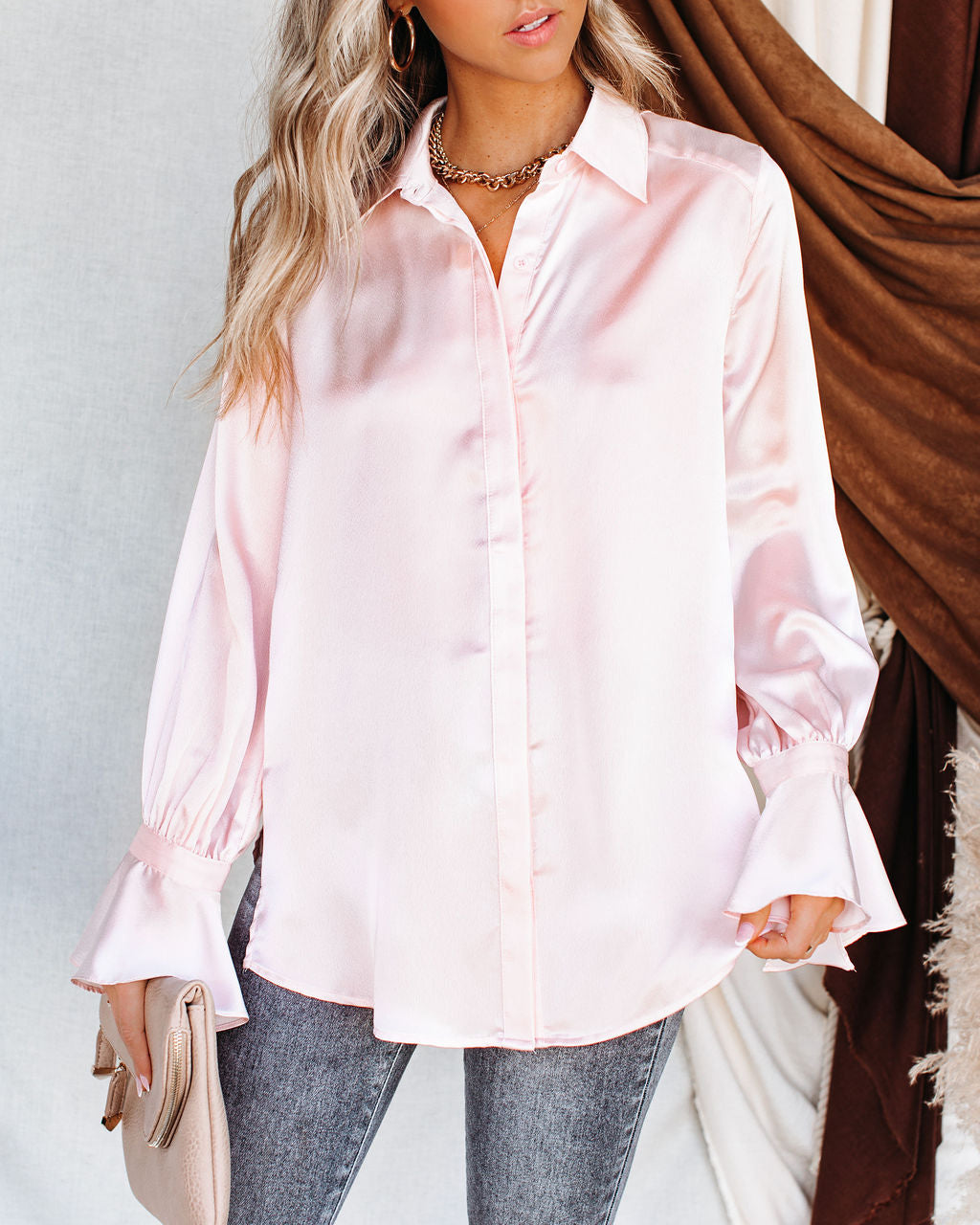 Brielle Satin Button Down Ruffle Blouse Oshnow