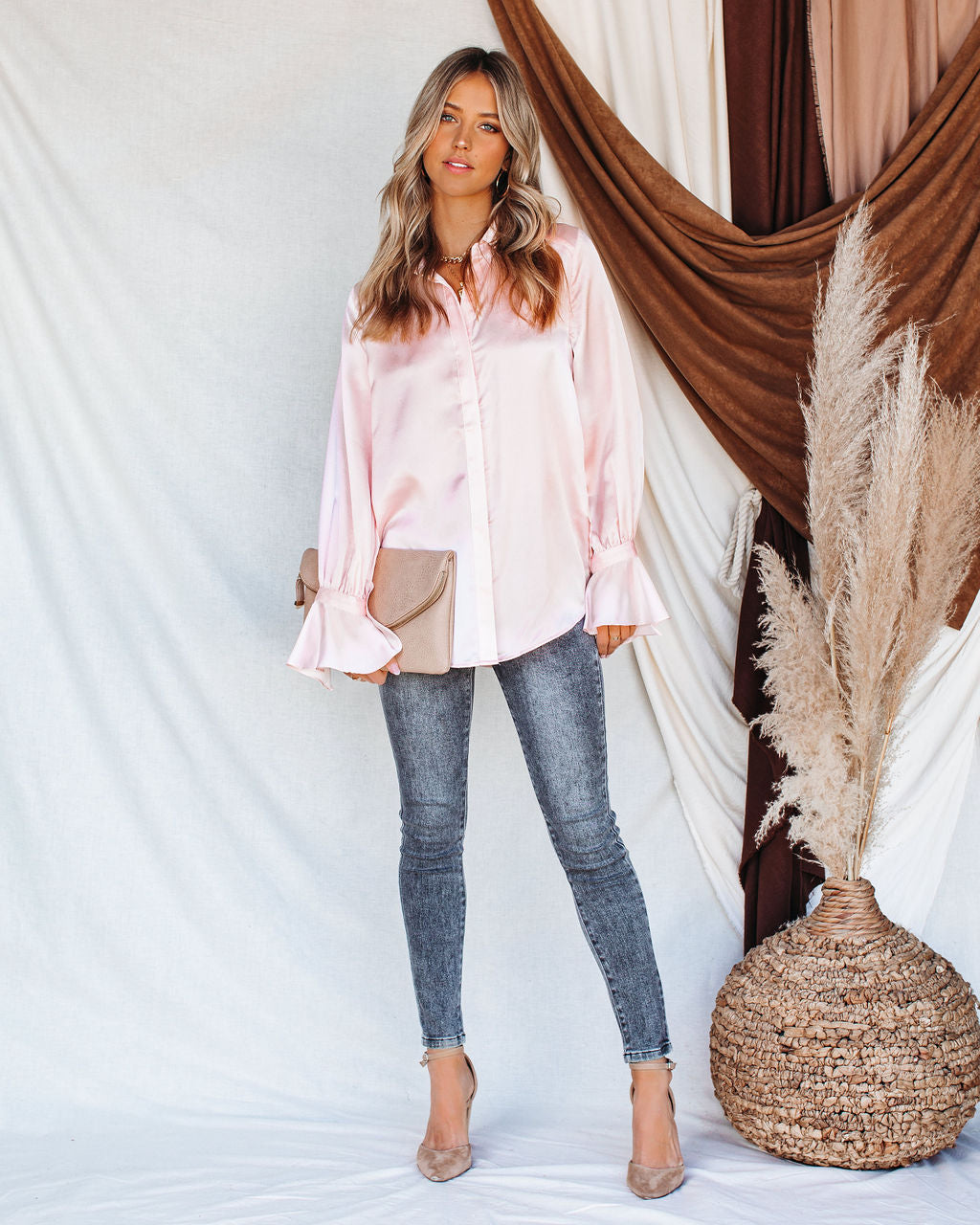 Brielle Satin Button Down Ruffle Blouse Oshnow