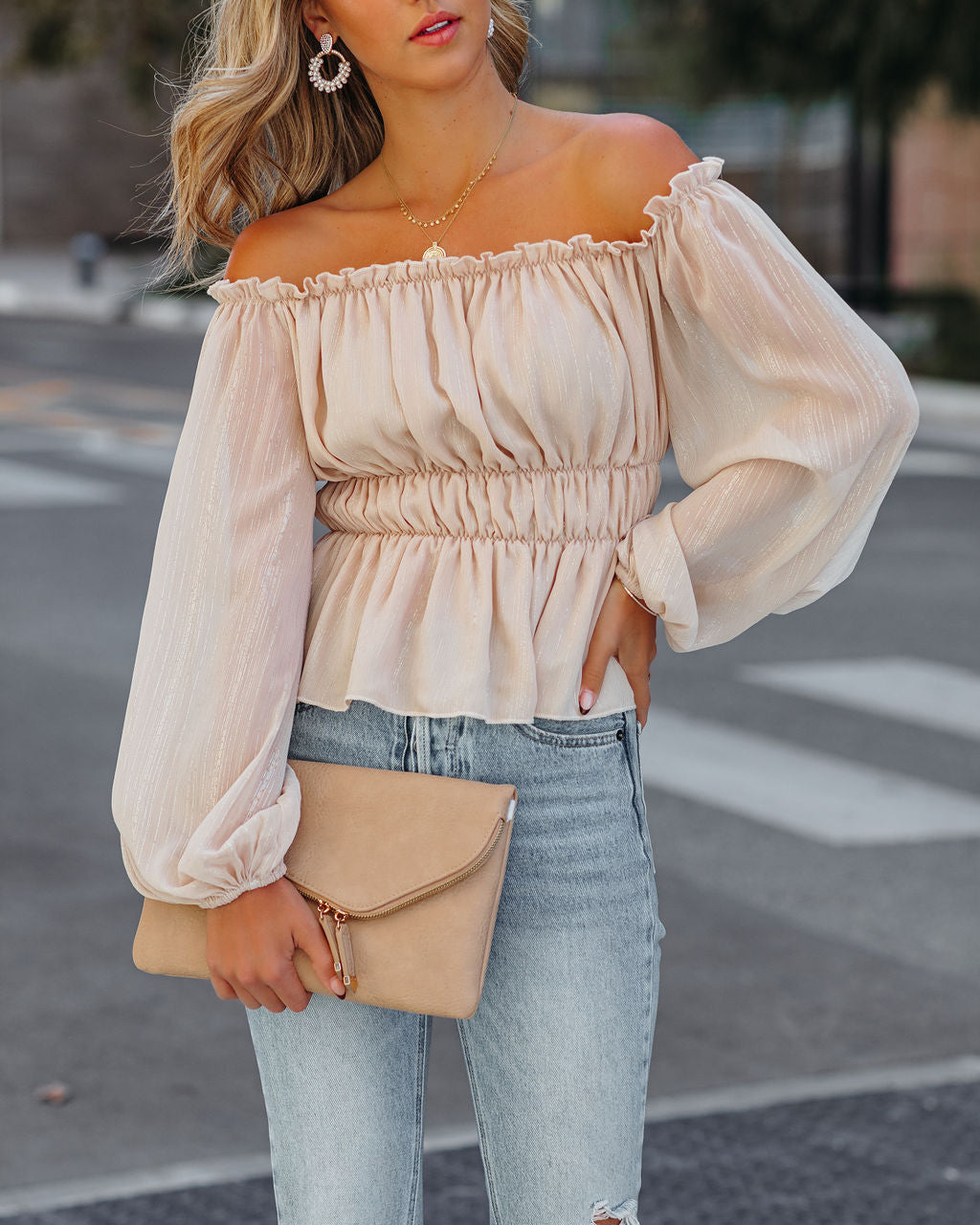 Brielle Shimmer Off The Shoulder Blouse Oshnow