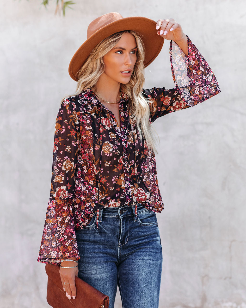 Brookings Floral Shimmer Bell Sleeve Blouse Oshnow