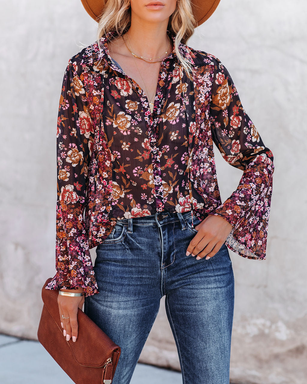 Brookings Floral Shimmer Bell Sleeve Blouse Oshnow